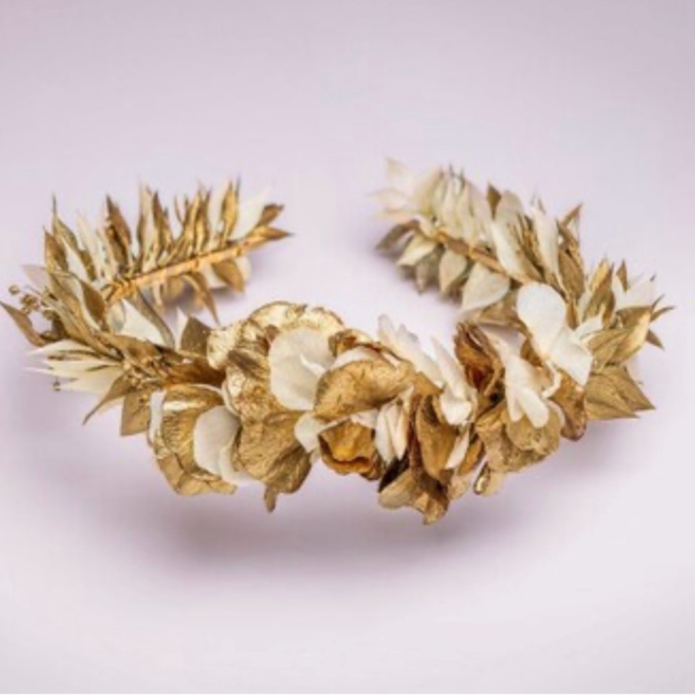 French Bridal Crown – Gold Leaf & Dried Flower Headband by Couronne de Victoire